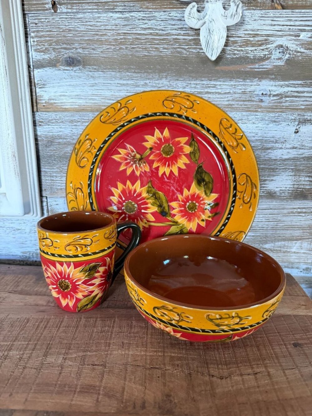 Pier 1 Imports Sunflower 3pc Set Dinner Plate Bowl Mug terracotta Earthenware